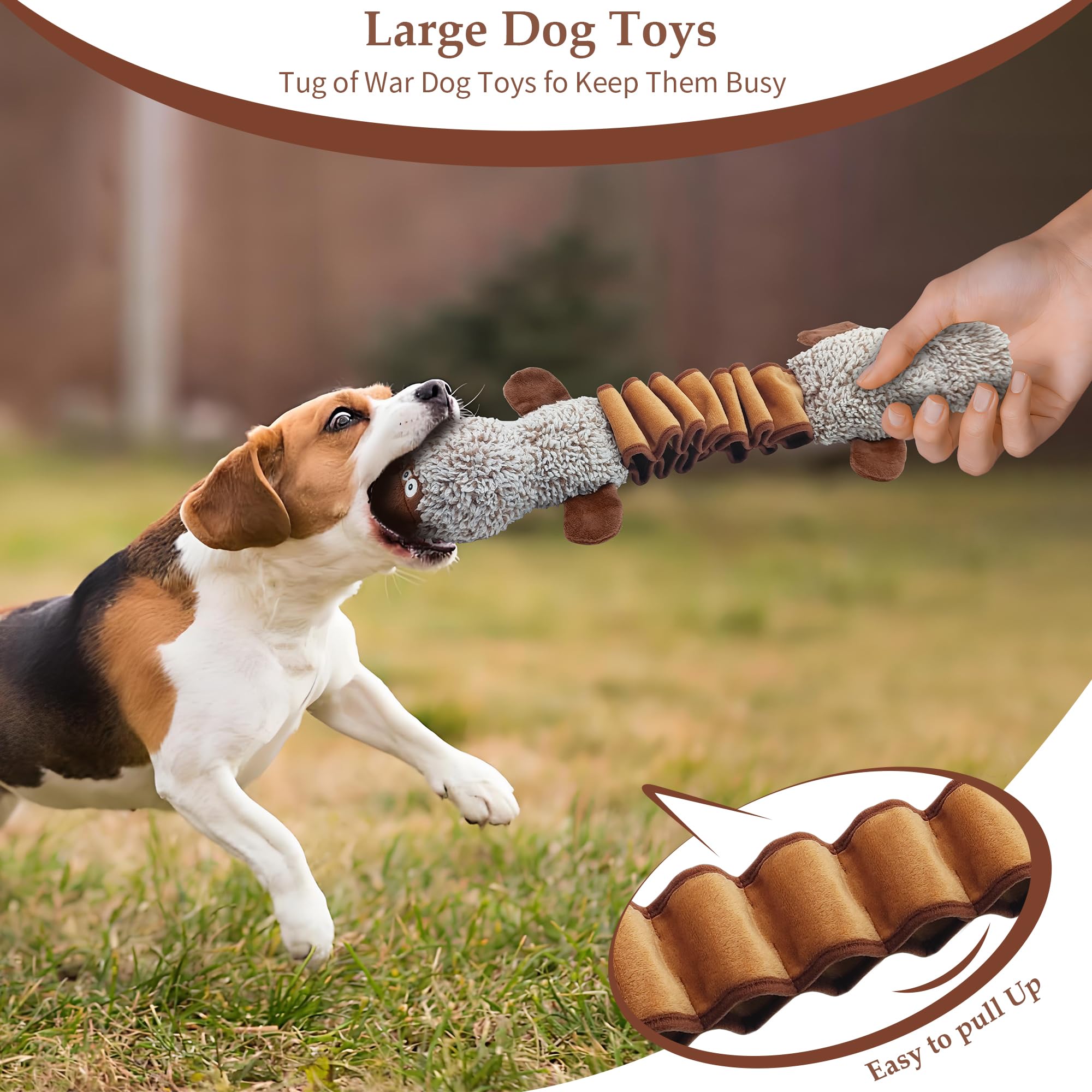 BUYPOW Platypus tug-of-war toy display showing interactive play with dogs