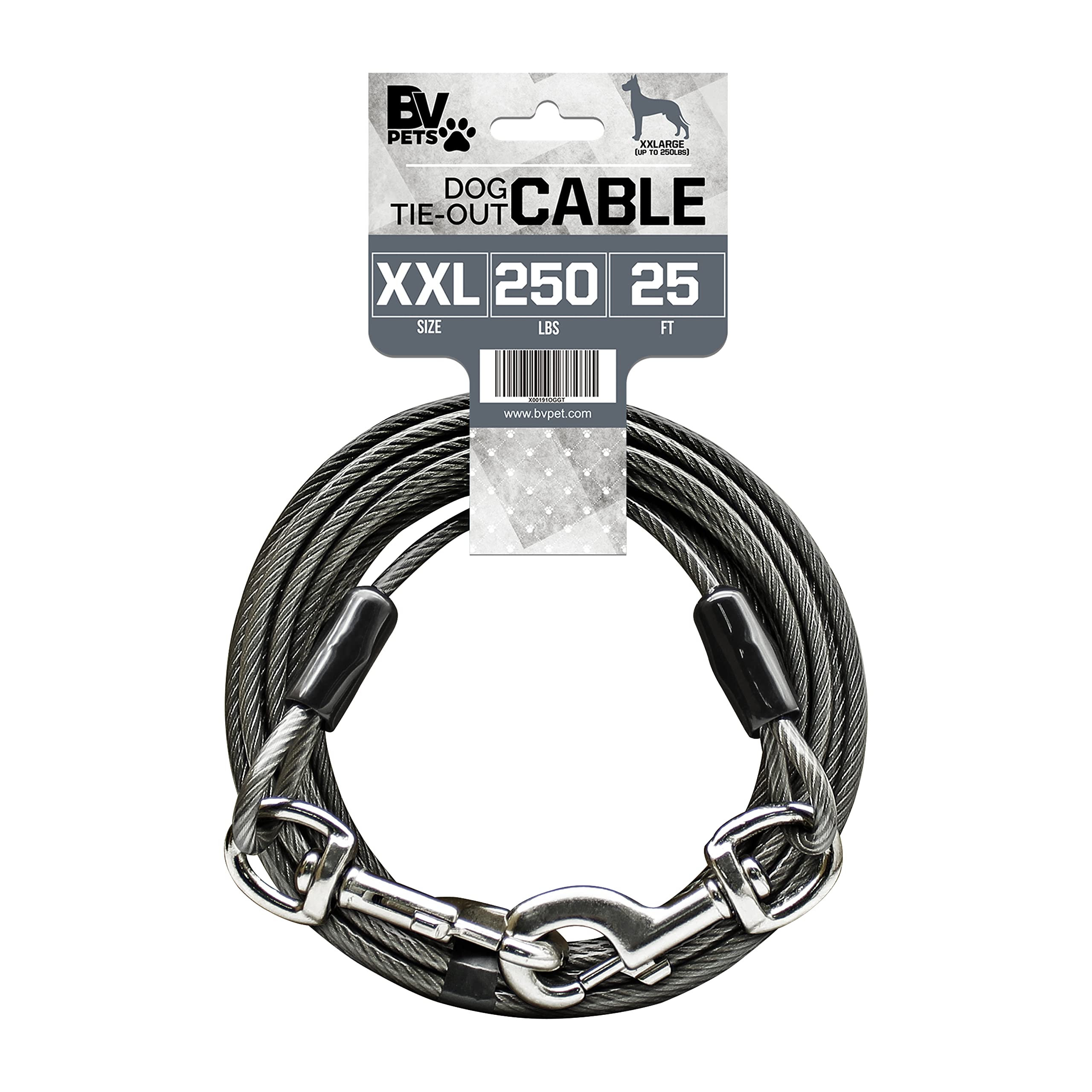 BV Dog Tie Out 25ft grey rotating clasp demonstrates 360-degree control for secure outdoor freedom