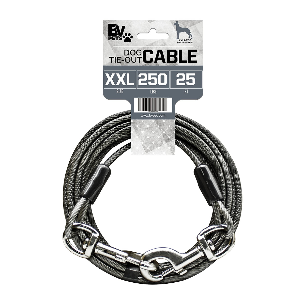 BV Dog Tie Out 25ft grey rotating clasp demonstrates 360-degree control for secure outdoor freedom
