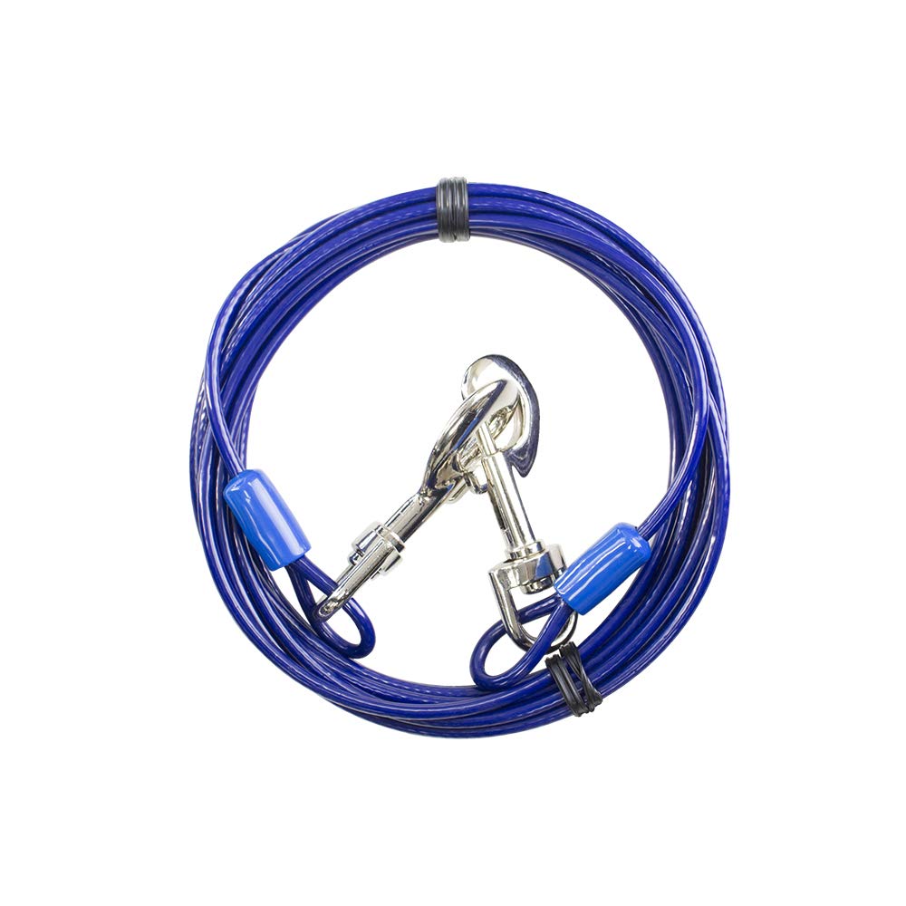 BV Dog Tie Out Cable 15ft blue reflective cover aids nighttime visibility.