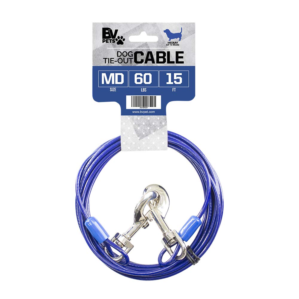 BV Dog Tie Out Cable 15ft blue rotating clasp for tangle-free yard exploration.