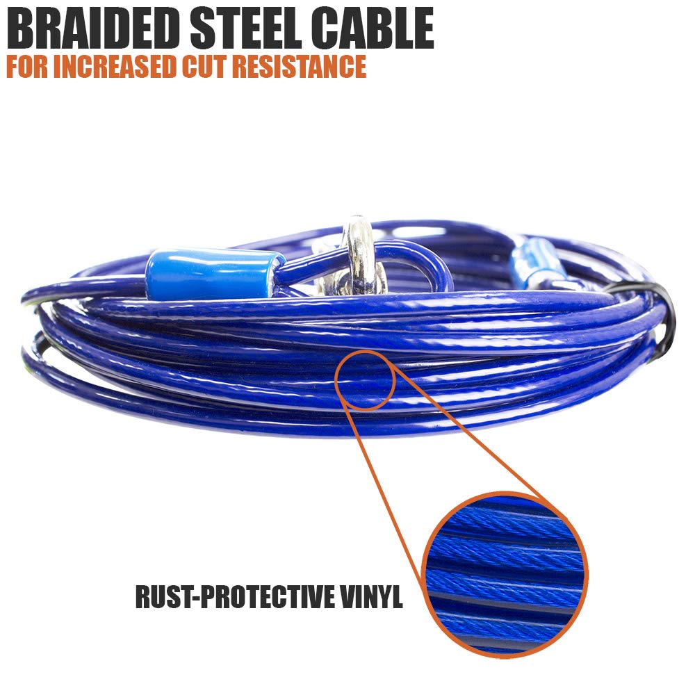 BV Dog Tie Out Cable with anti-rust vinyl coating boosts longevity.
