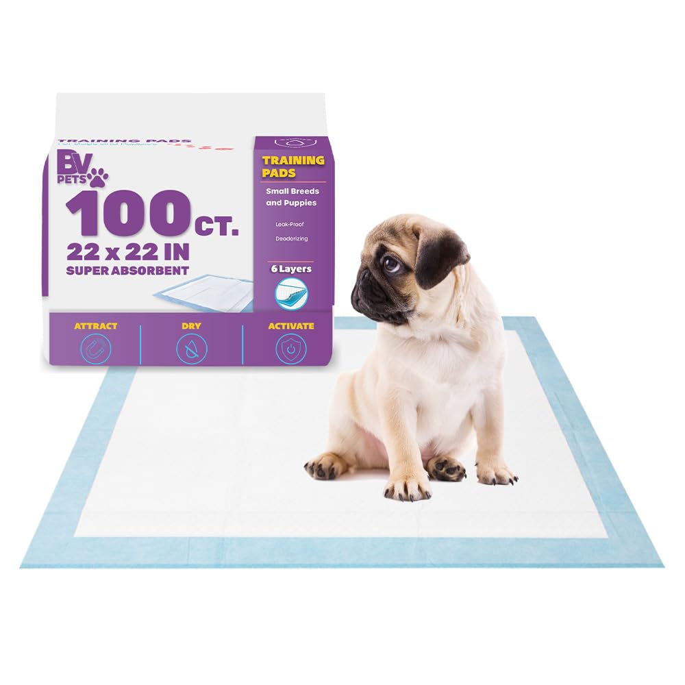 BV Puppy Pads leak-proof 100-count pack shows 22x22 size protecting floors.