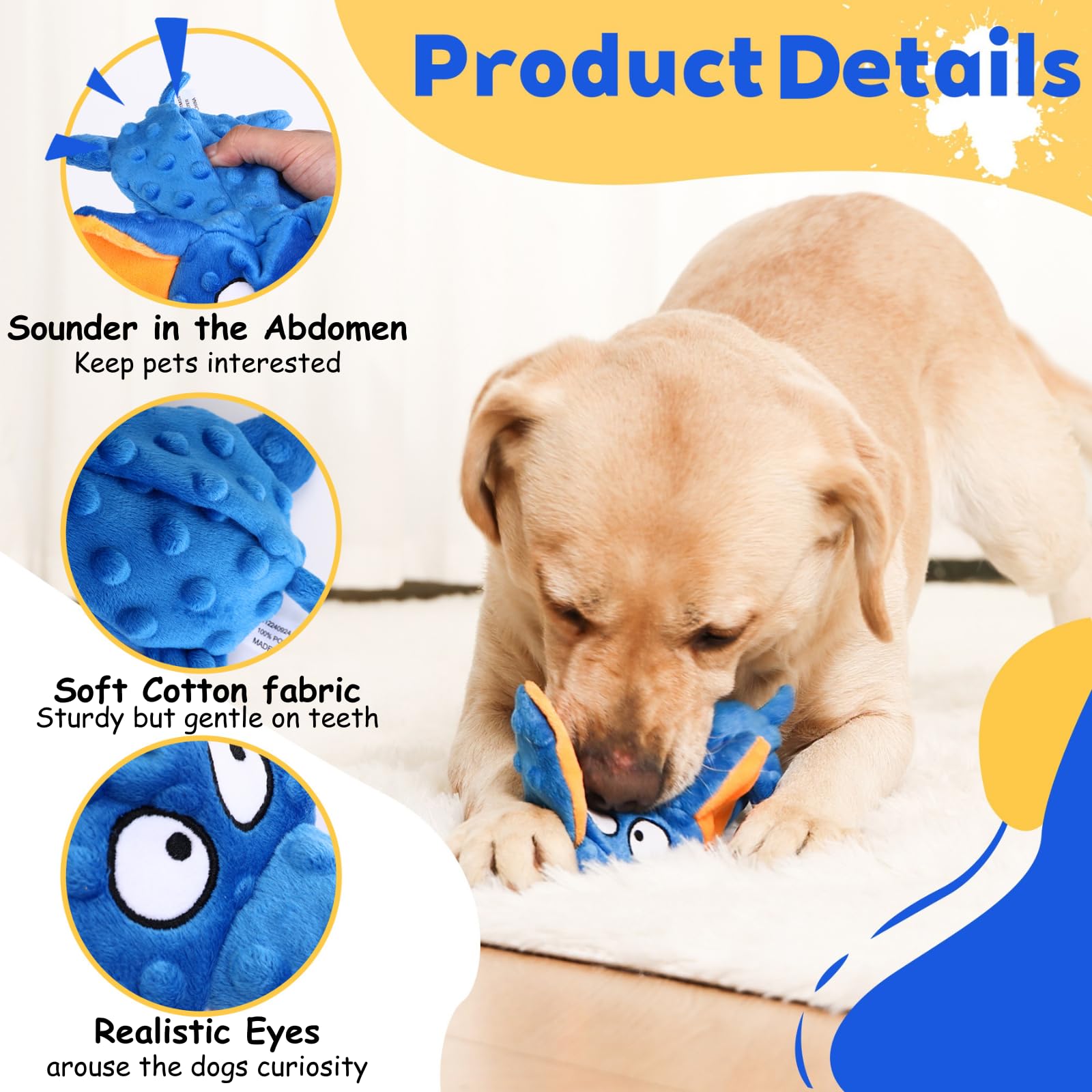 BVLJOY elephant squeaky toy blue ears-squeaker close-up emphasizes varied sounds for stimulation.