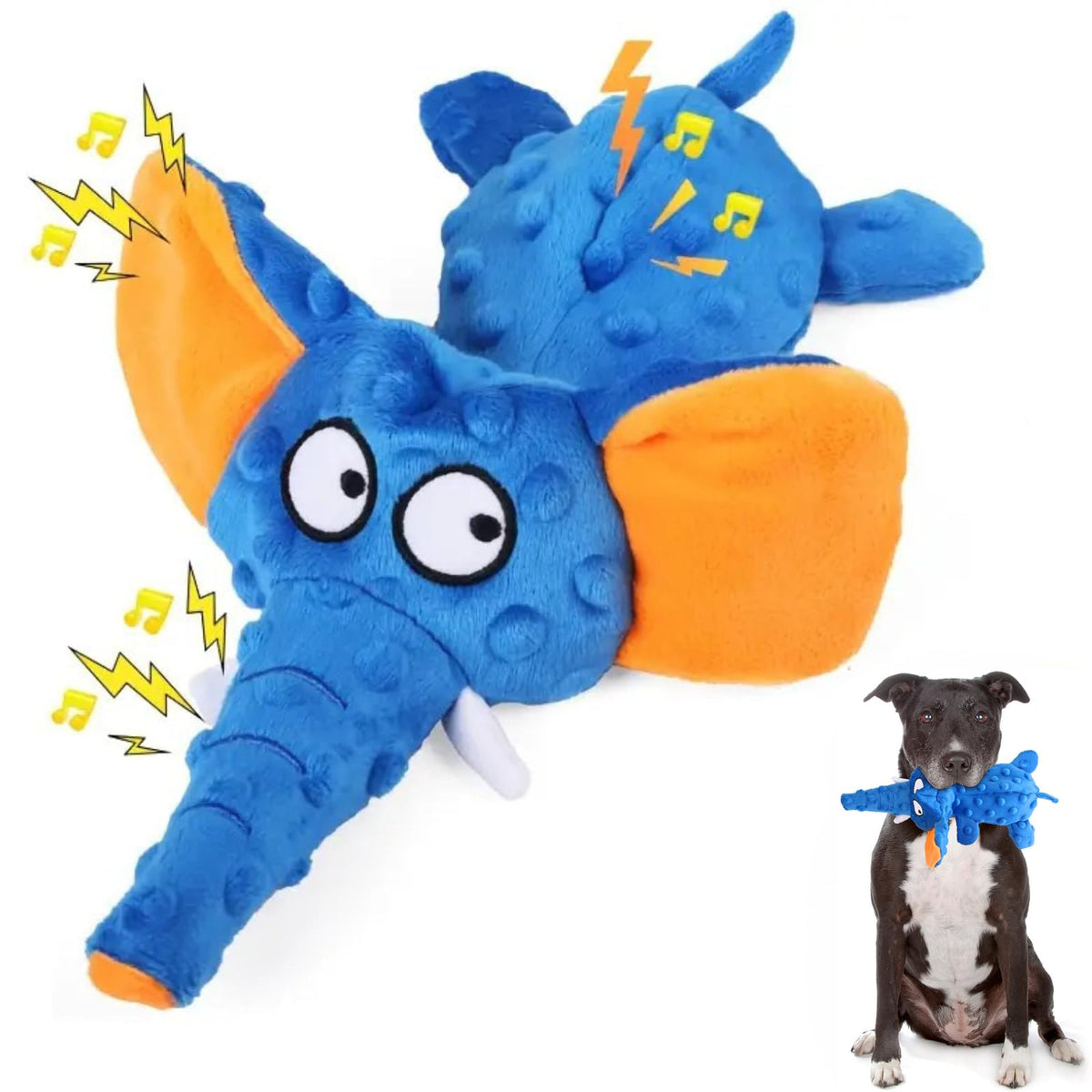 BVLJOY elephant squeaky toy blue front view promotes interactive play with durable construction.