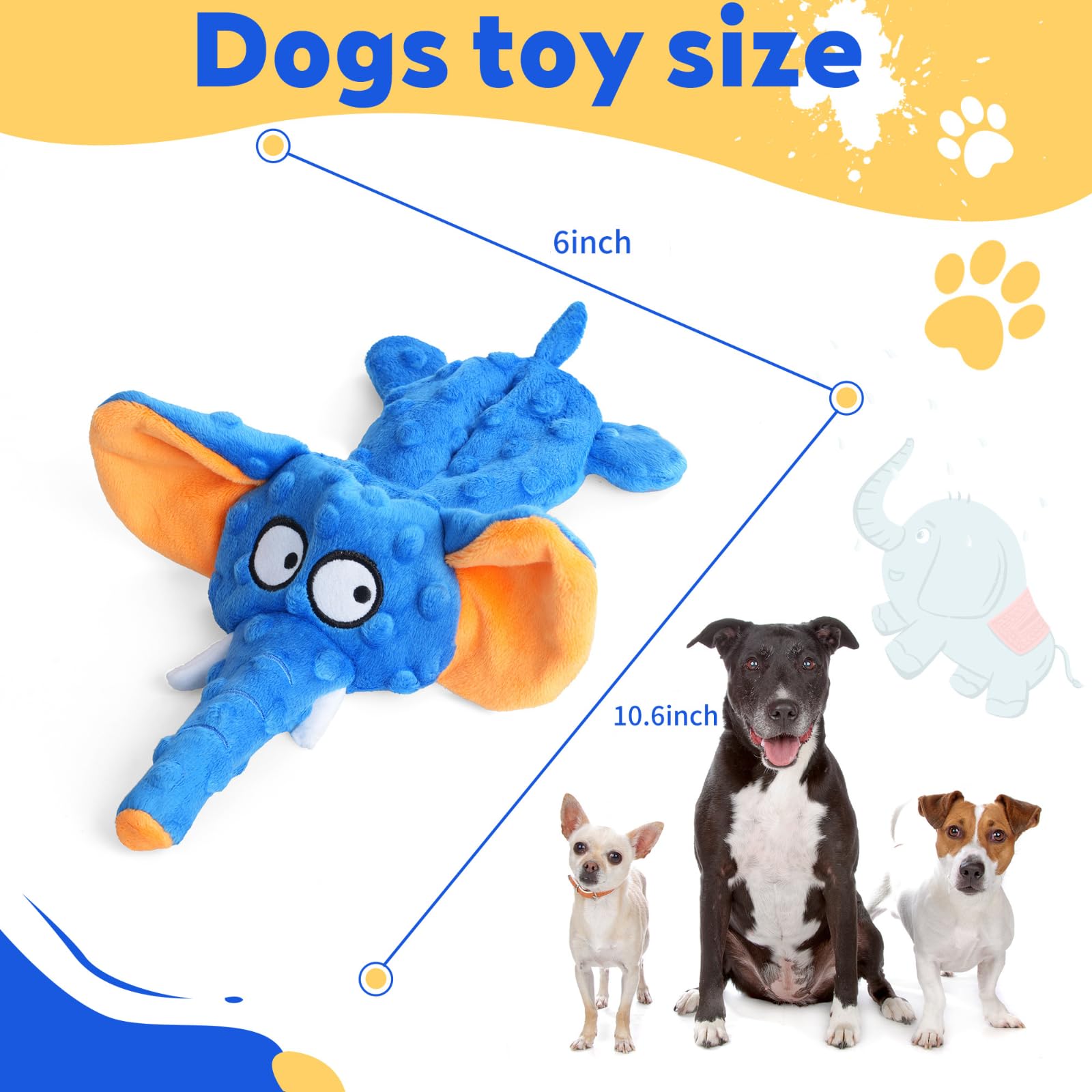BVLJOY elephant squeaky toy blue side view highlights soft plush for gentle chewing.