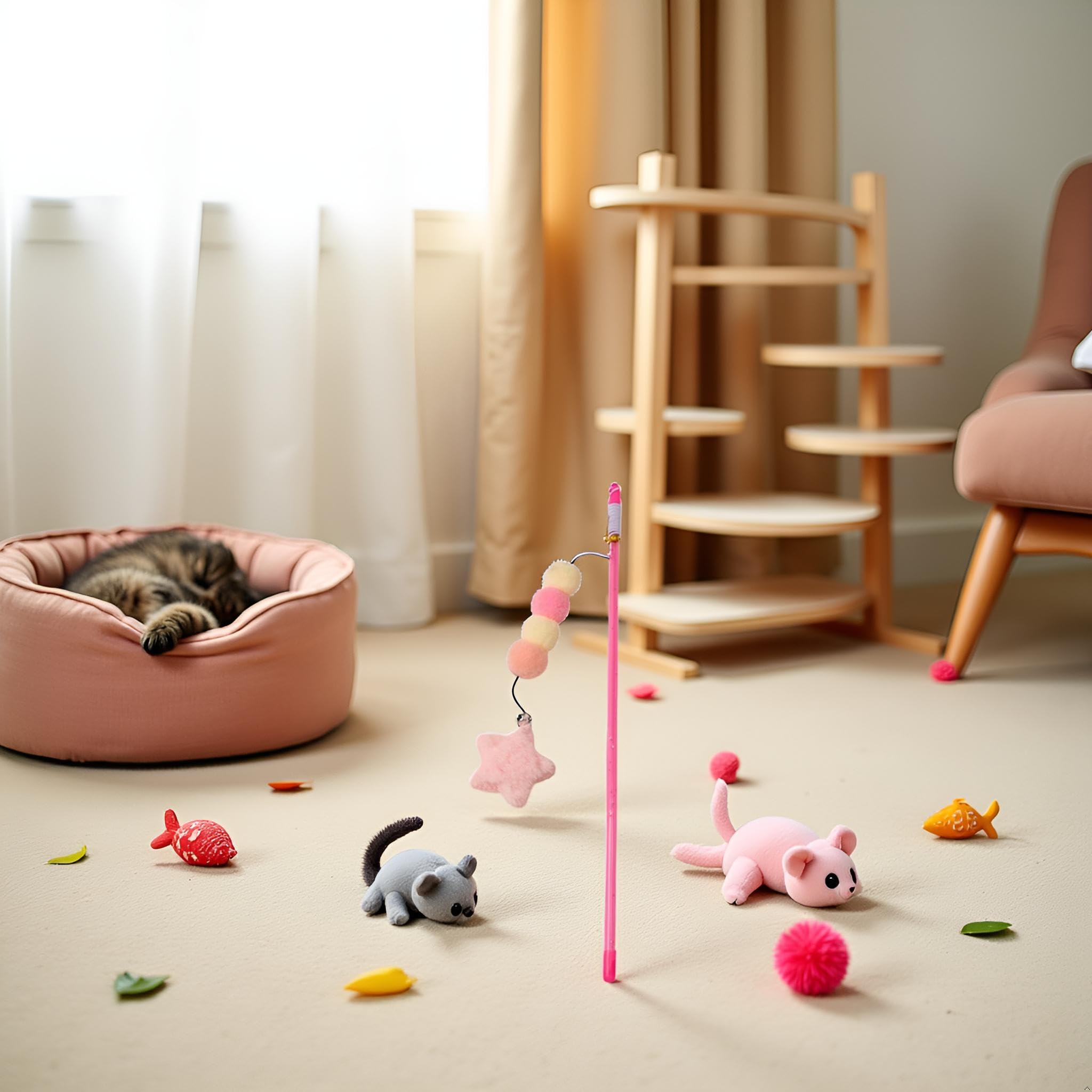 BWESOO pink-cat-stick-toy-dynamic-play sparks stalking instincts and quick bursts.