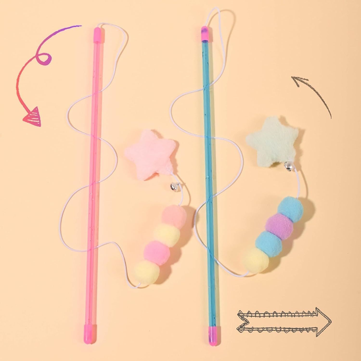 BWESOO pink-cat-stick-toy-elastic-rope supports secure grasp during tug-and-pounce play.