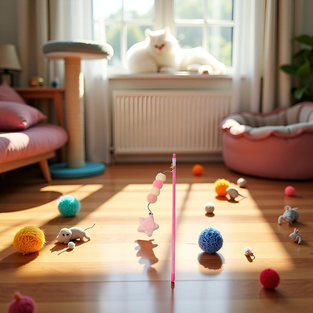 BWESOO pink-cat-stick-toy-multi-surface-use works on carpet, wood, and tile surfaces.