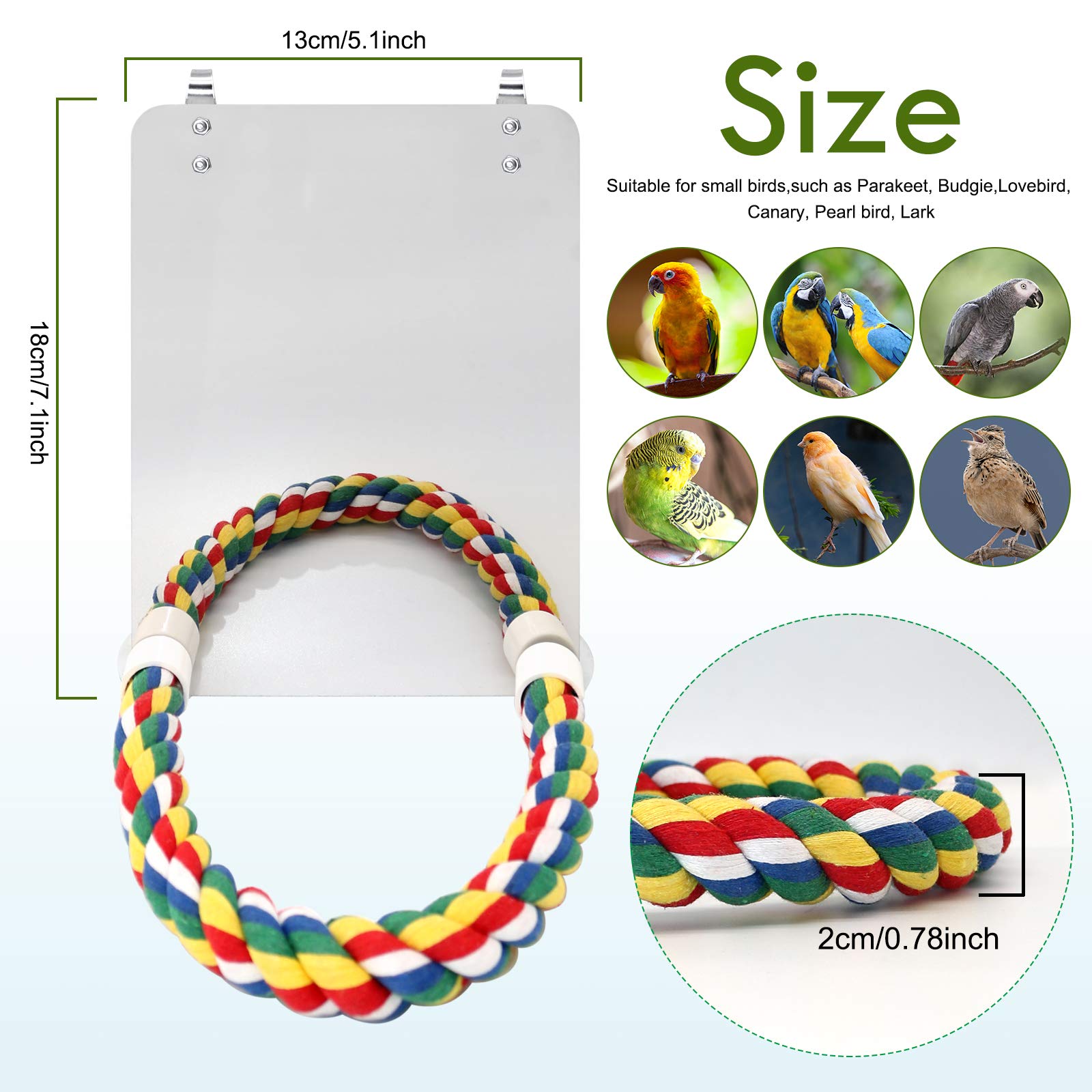BWOGUE 7-inch bird mirror for cage birds boosts social play and curiosity.