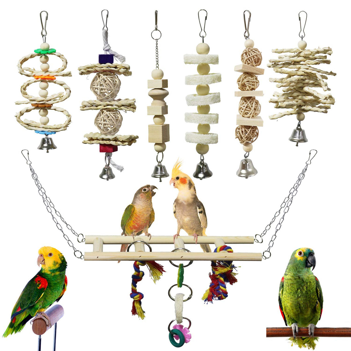 BWOGUE 7 Pack Bird Toys natural wood chew for enrichment and daily play.
