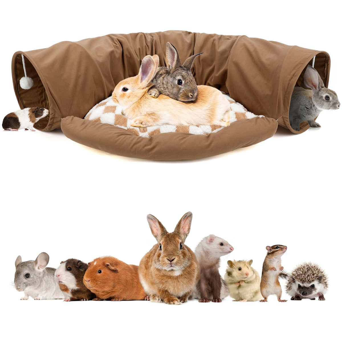 BWOGUE Bunny Tunnel Bed coffee front view, cozy hideout for small pets.