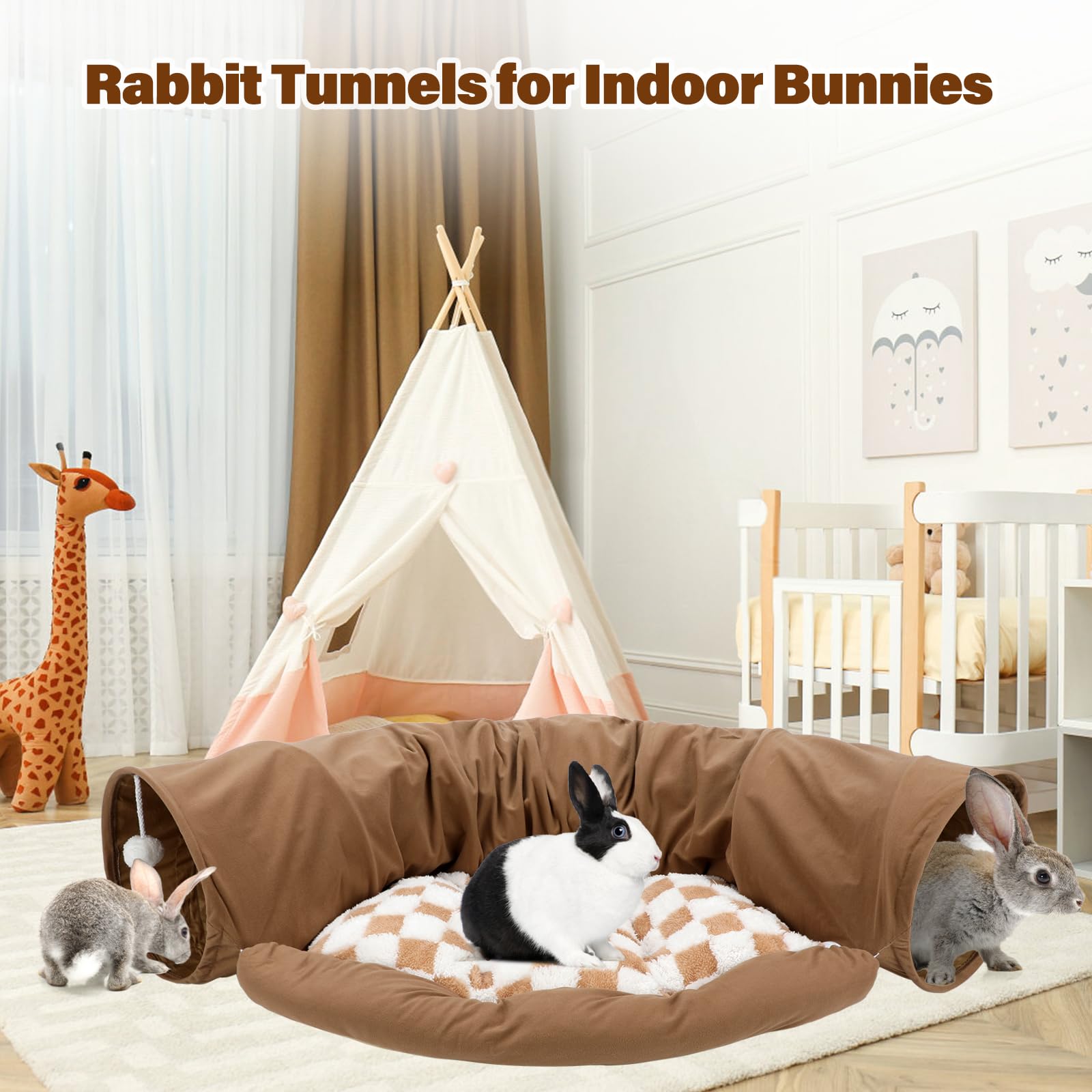 BWOGUE Bunny Tunnel Bed coffee hanging balls engage pets during play.