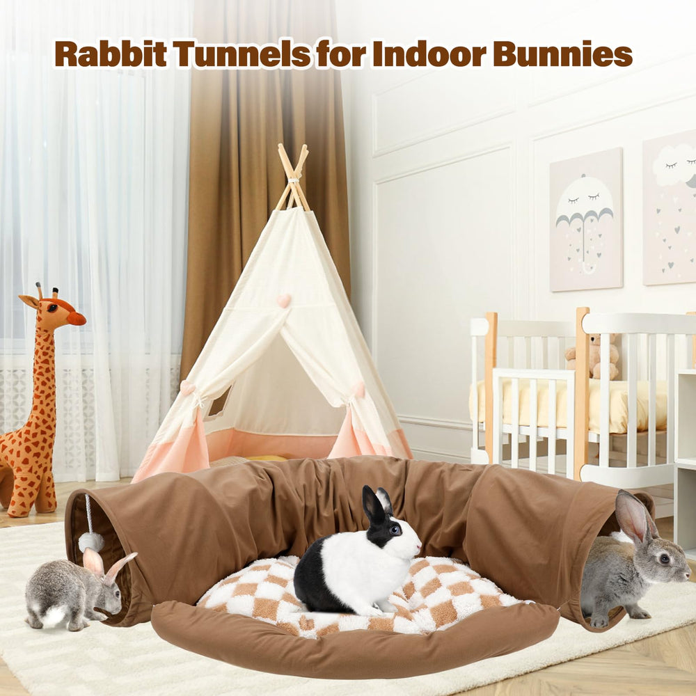 BWOGUE Bunny Tunnel Bed coffee hanging balls engage pets during play.