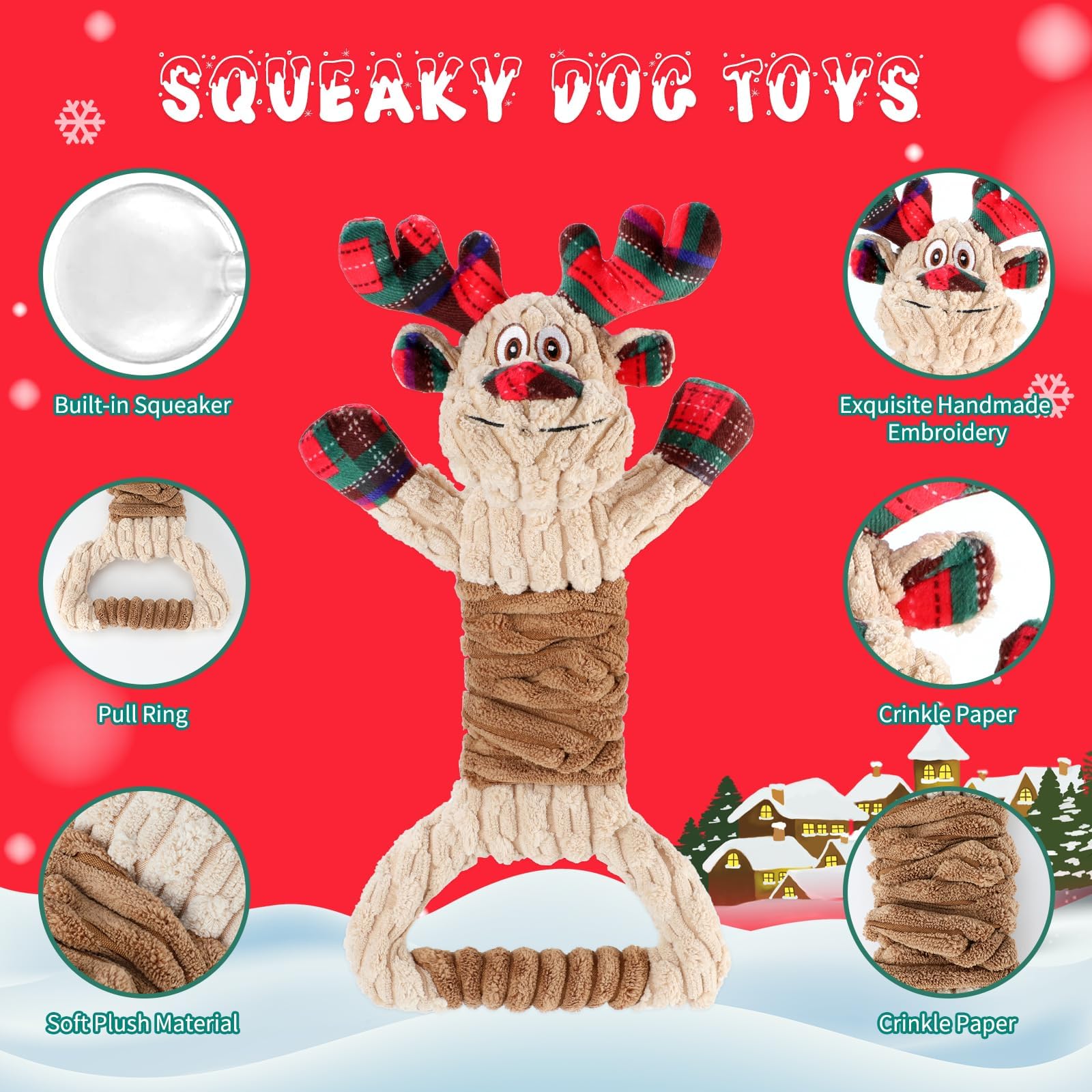 BWOGUE Christmas dog squeaky toy crinkle texture shows teething-friendly fabric and gum-safe chew