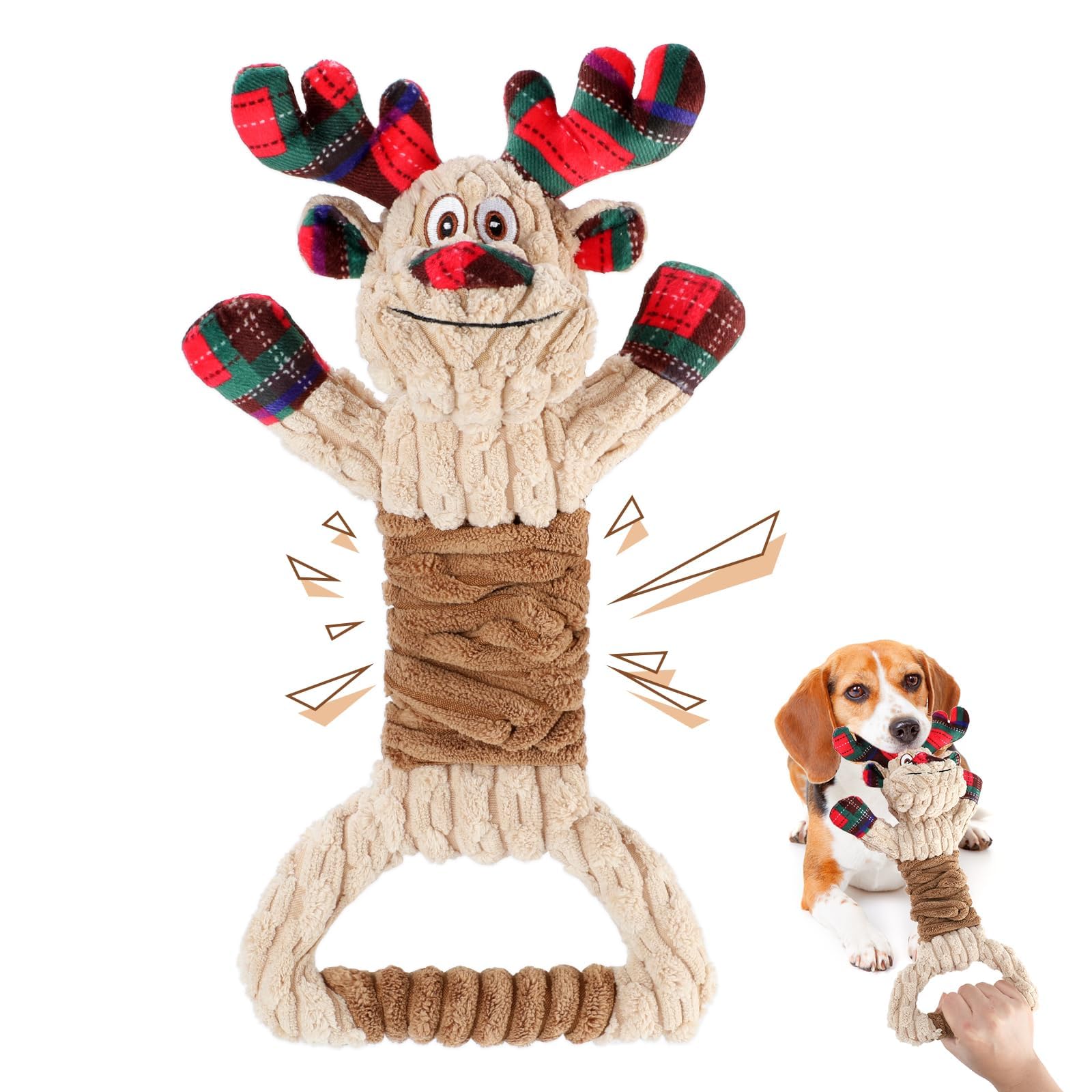 BWOGUE Christmas dog squeaky toy head close-up highlights soft plush and engaging squeaker for curiosity