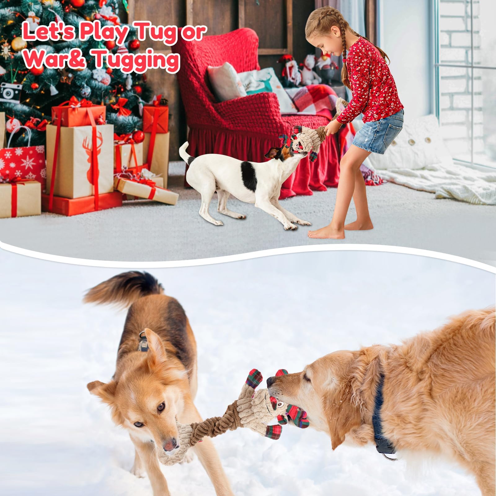 BWOGUE Christmas dog squeaky toy tug-fetch action demonstrates active play and energy release