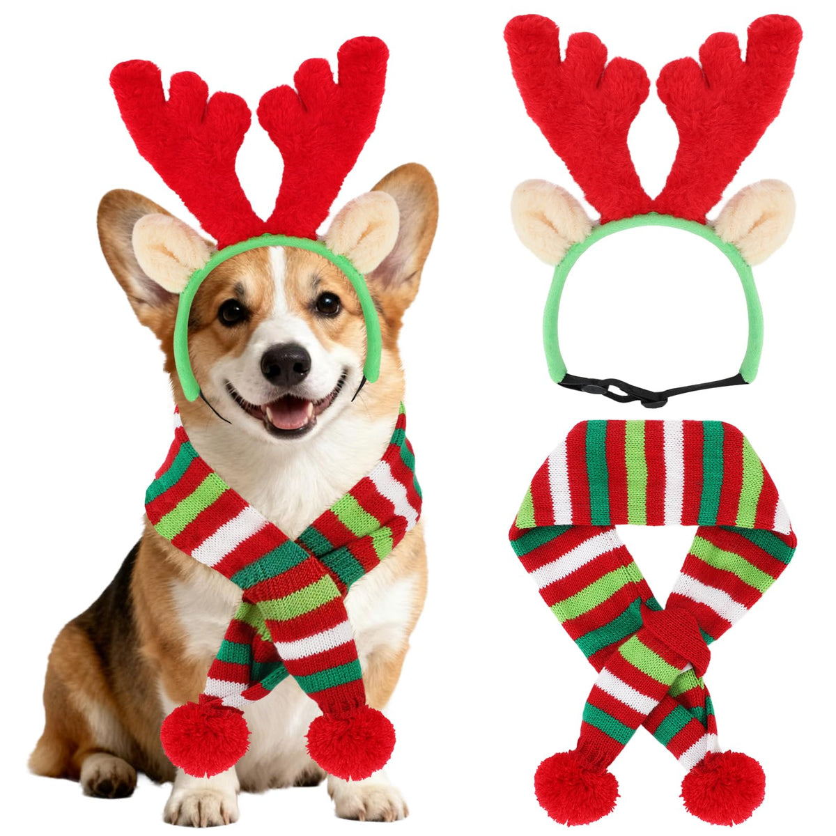BWOGUE dog Christmas reindeer antlers headband with adjustable elastic strap for secure fit.
