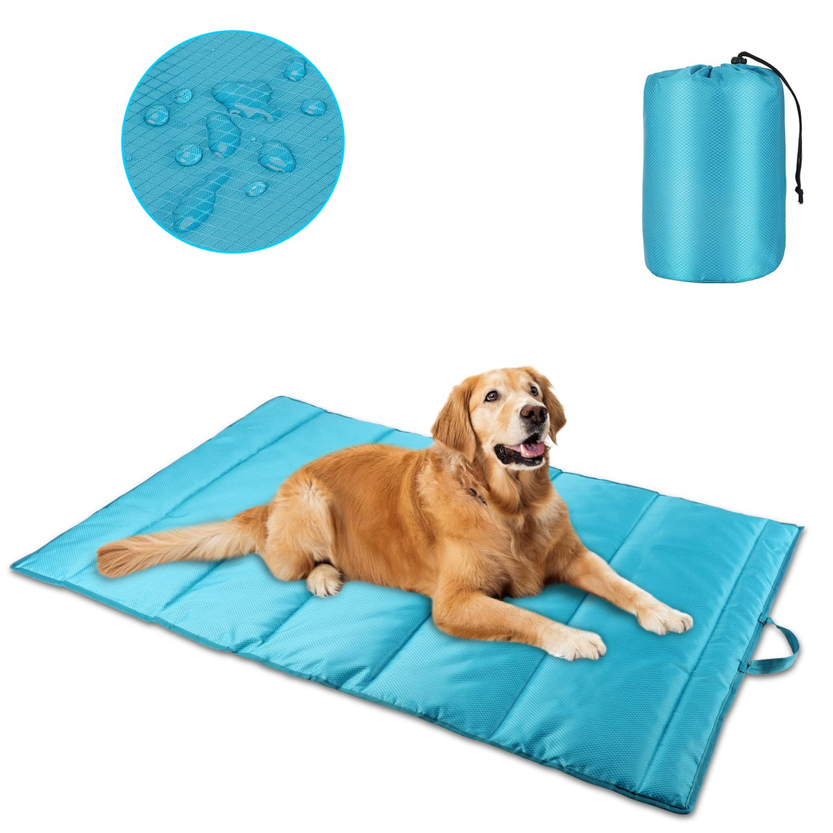 BWOGUE Large Outdoor Dog Bed, blue, folded in carry bag for easy transport.