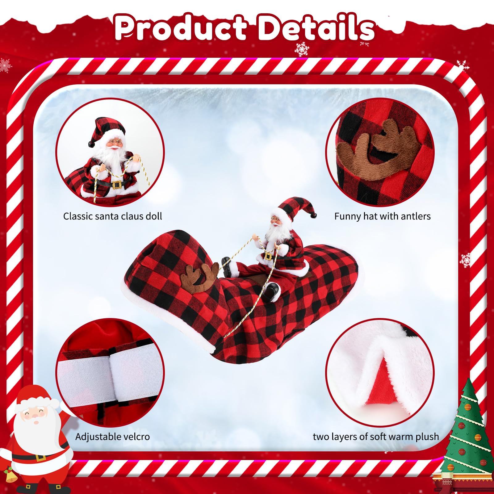 BWOGUE Santa Dog Costume shown on dog in a festive riding pose for Christmas photos.