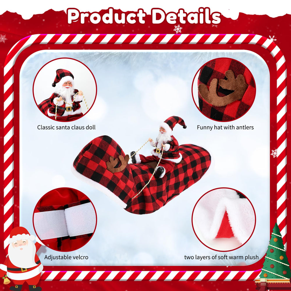 BWOGUE Santa Dog Costume shown on dog in a festive riding pose for Christmas photos.