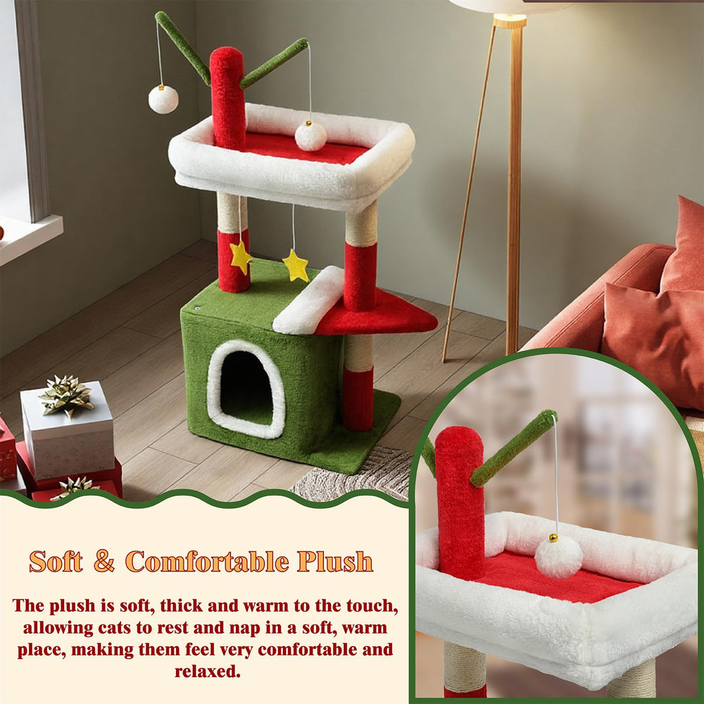BYBYME Christmas cat tree plush bed offers soft comfort for pets.