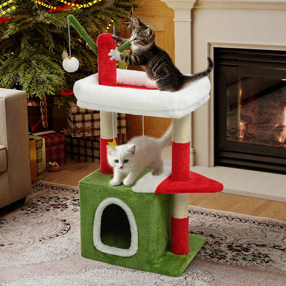 BYBYME Christmas cat tree scratching post helps sharpen claws with natural sisal rope.
