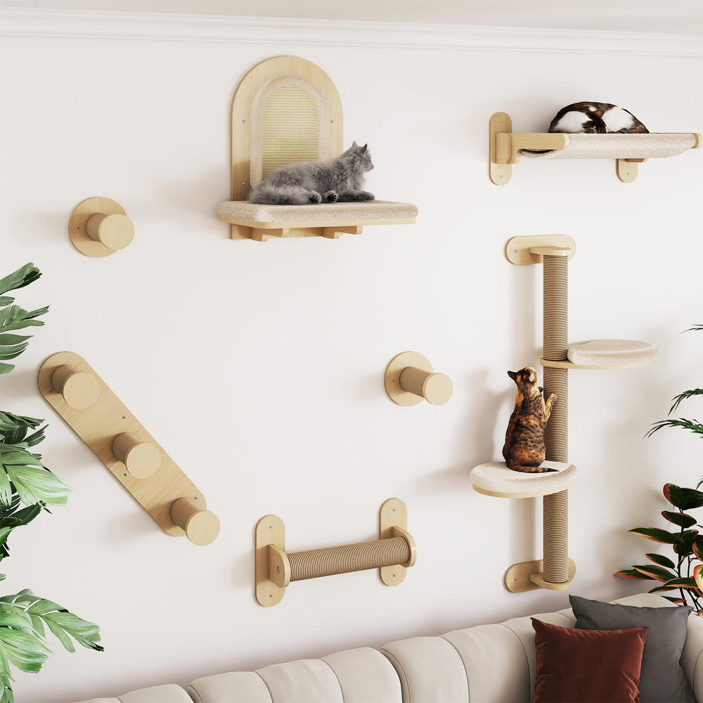BYBYME natural pine cat tree demonstrates sturdy wall-mounted design for safe play