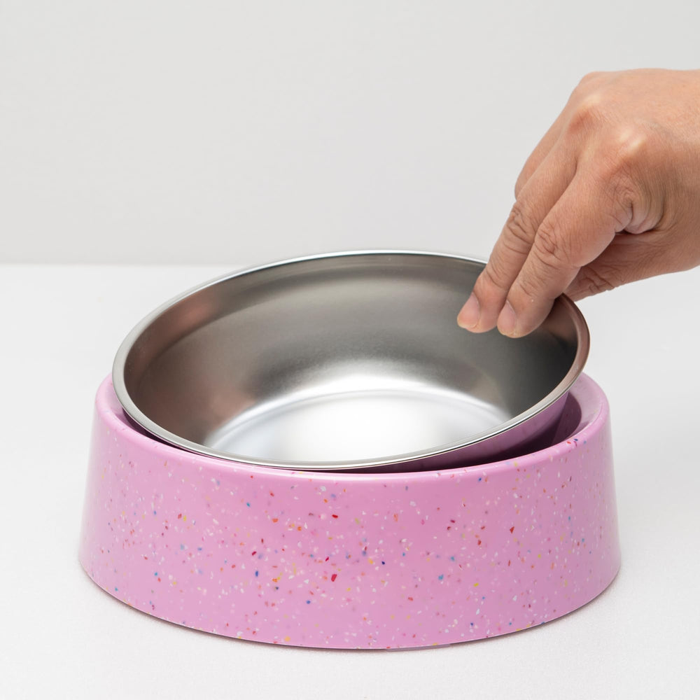 bzyoo elevated pink pet bowl side view for easier feeding