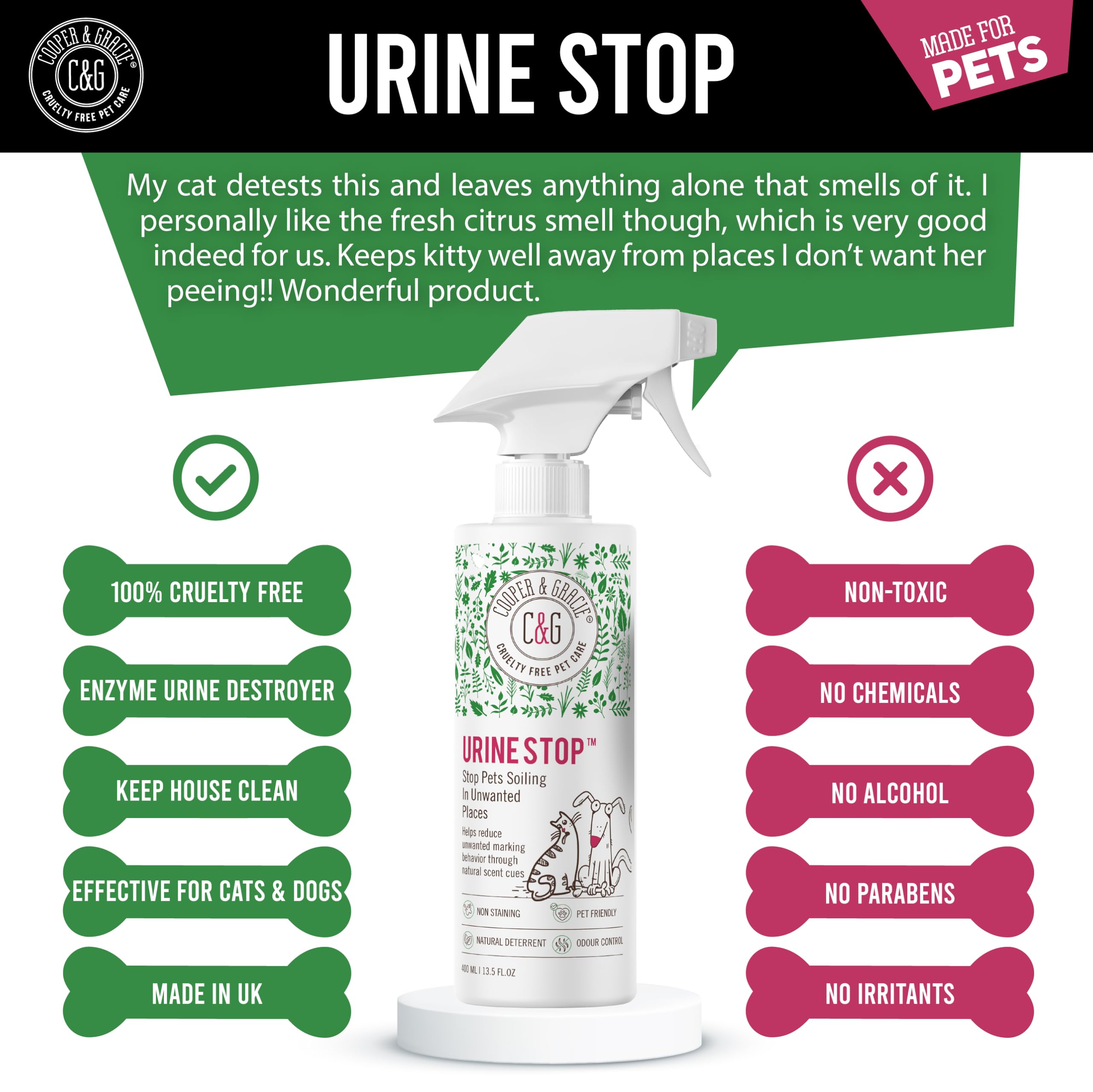C&G Pets Urine Stop Spray being sprayed on carpet to neutralise odours