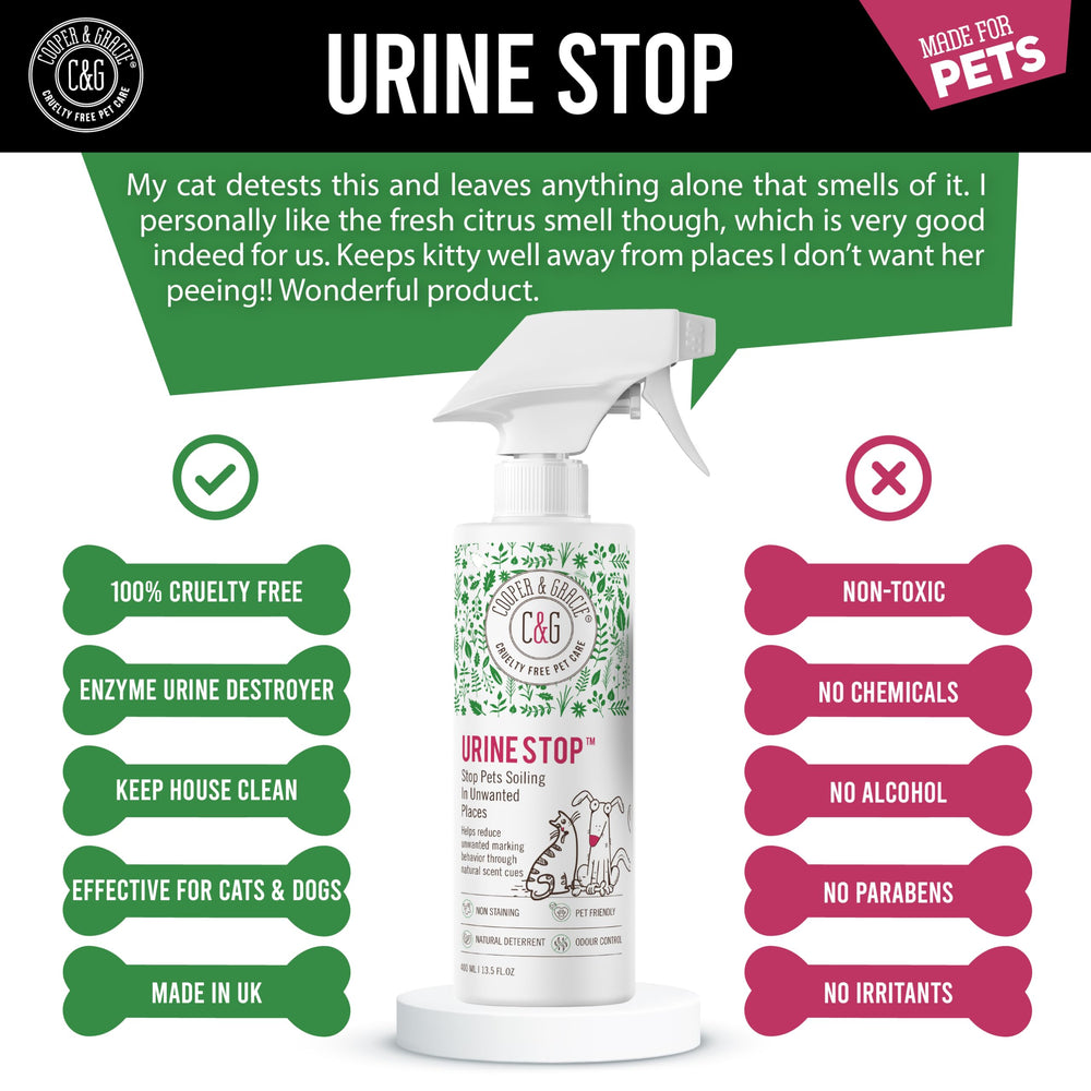 C&G Pets Urine Stop Spray being sprayed on carpet to neutralise odours