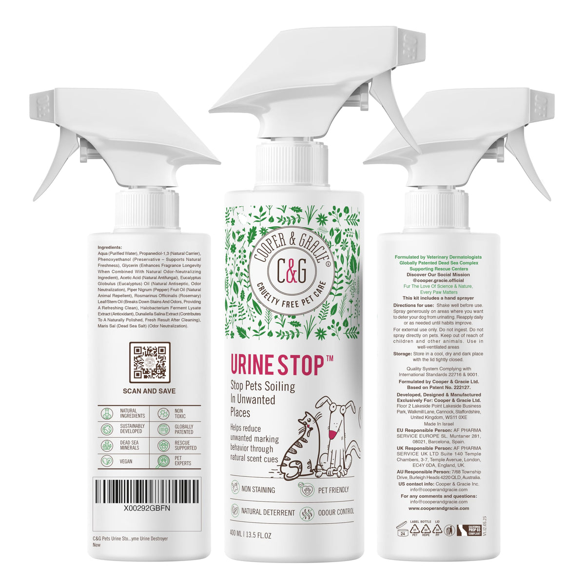 C&G Pets Urine Stop Spray bottle front view for quick odour control