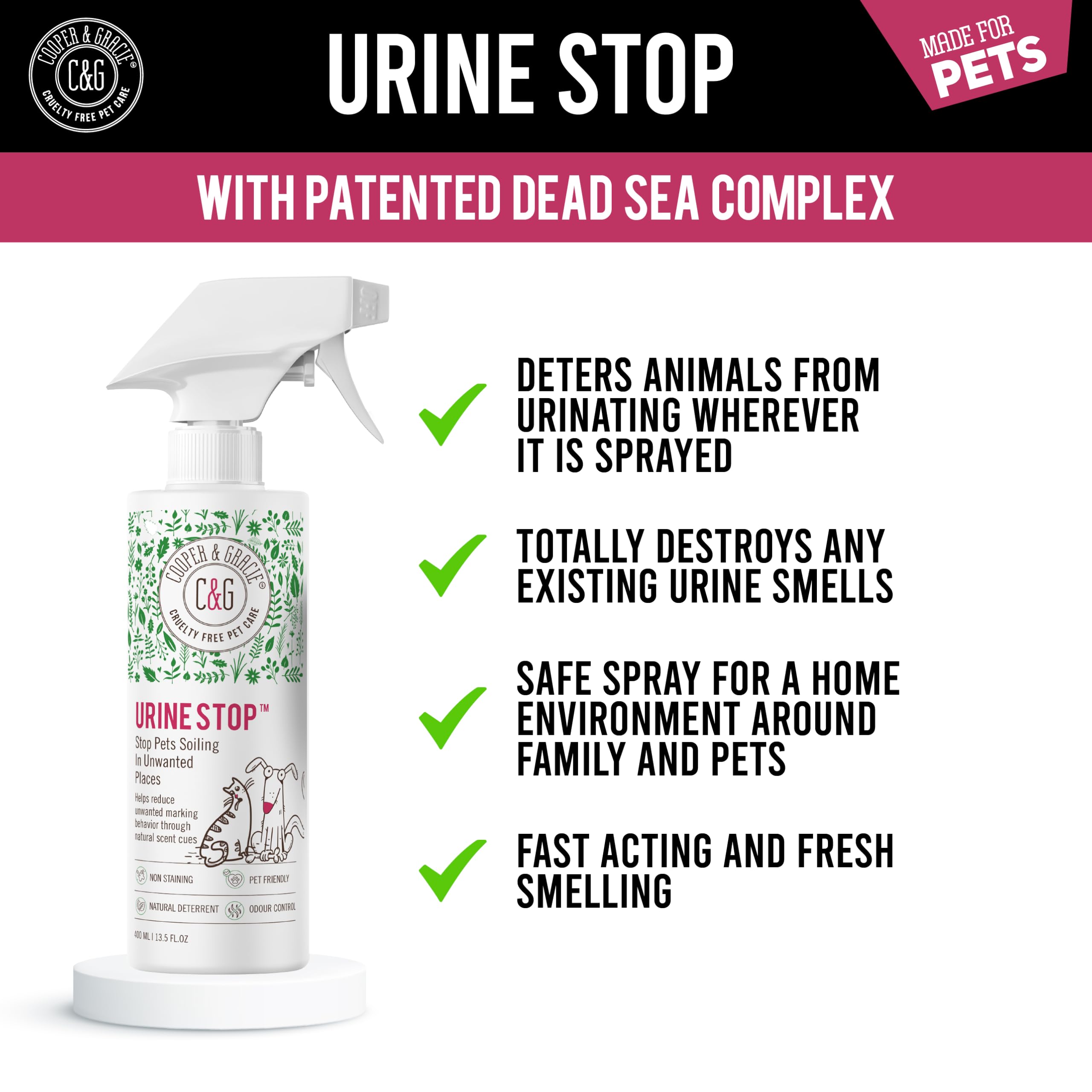 C&G Pets Urine Stop Spray label close-up showing plant-based formula