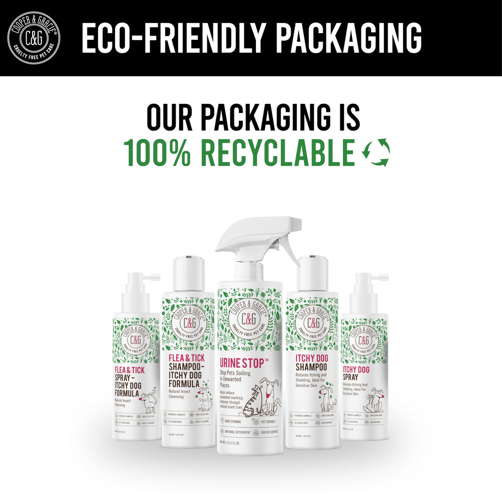 C&G Pets Urine Stop Spray packaging shows safe non-toxic plant-based product