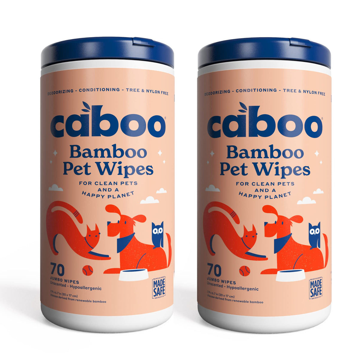 Caboo Tree Free Pet Wipes packaging front with two canisters for convenient cleaning