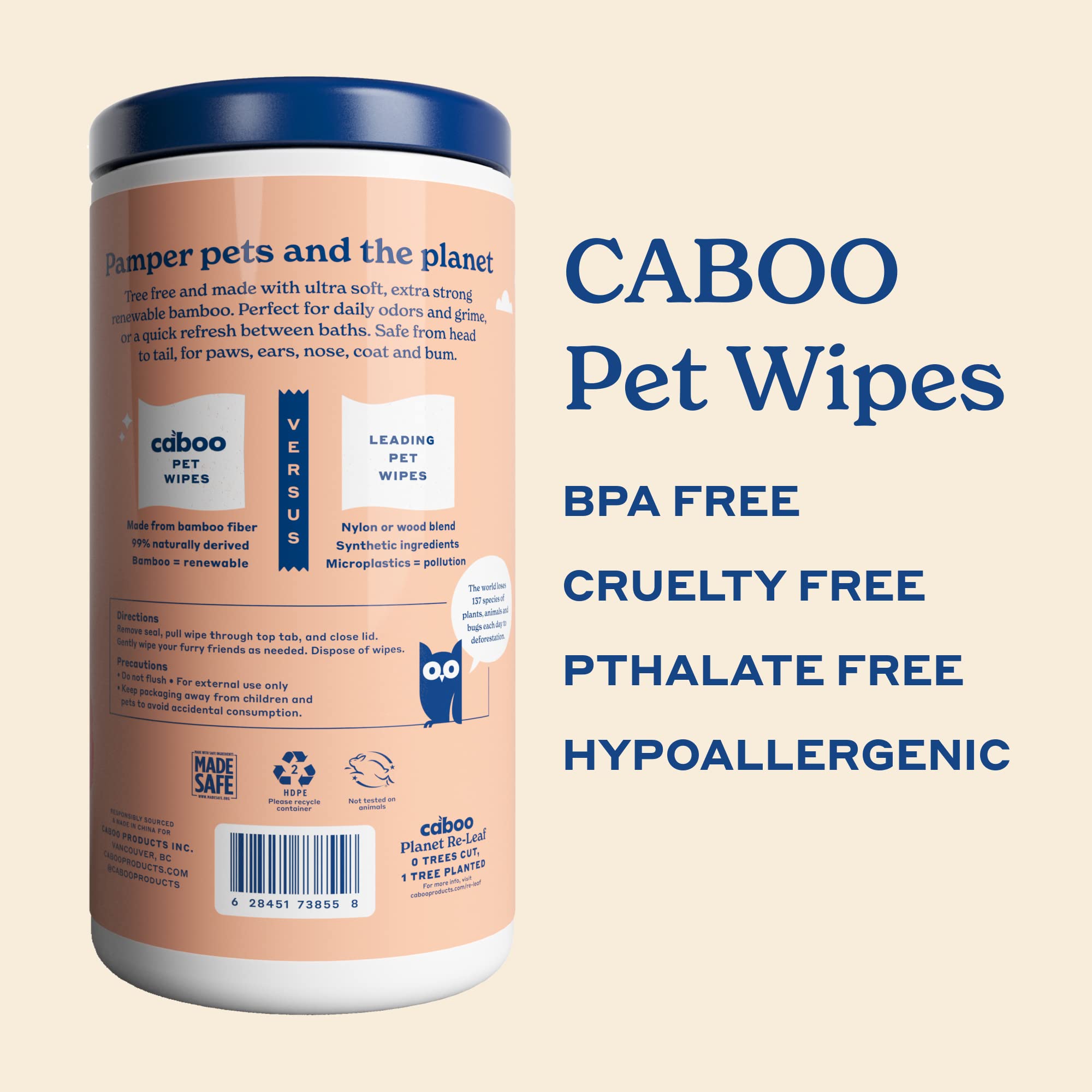 Caboo Tree Free Pet Wipes bamboo-based fabric supports chemical-free cleaning
