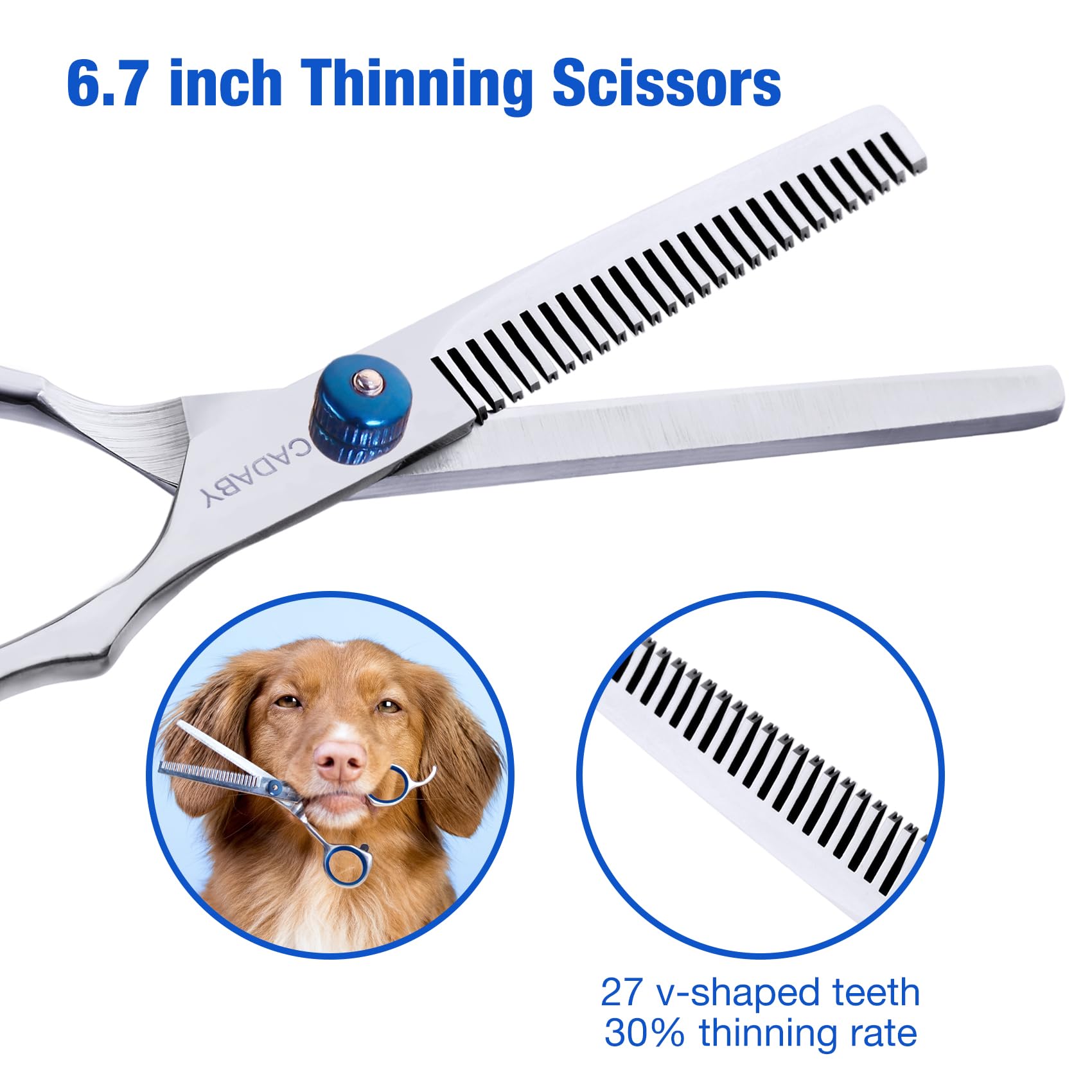 CADABY ergonomic dog grooming scissors with cushioned bumper for quieter trimming.
