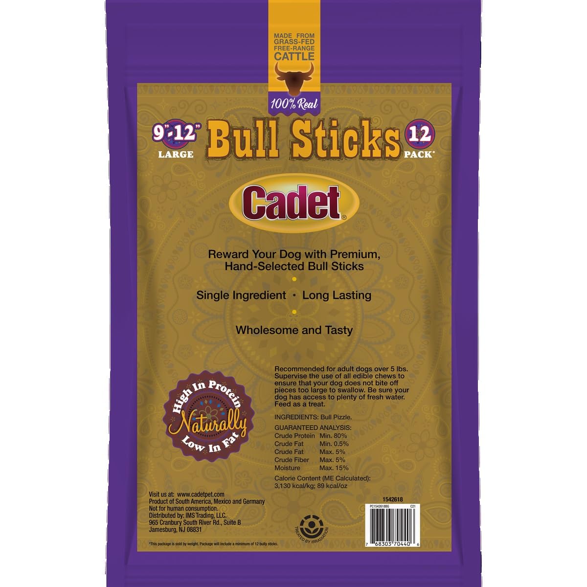 Cadet Bull Sticks close-up of raw sticks highlights single-ingredient beef chews.