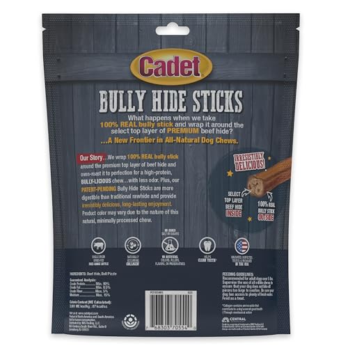 Cadet Bully Hide Sticks 12-count packaging on kitchen counter for easy stocking.