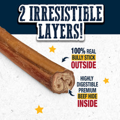 Cadet Bully Hide Sticks beef-hide detail emphasizing digestibility and reduced odor in a bite-sized image.