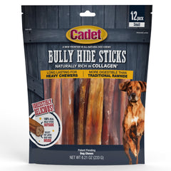 Cadet Bully Hide Sticks packaging hero showing a 12-count pack for small dogs, long-lasting chew.