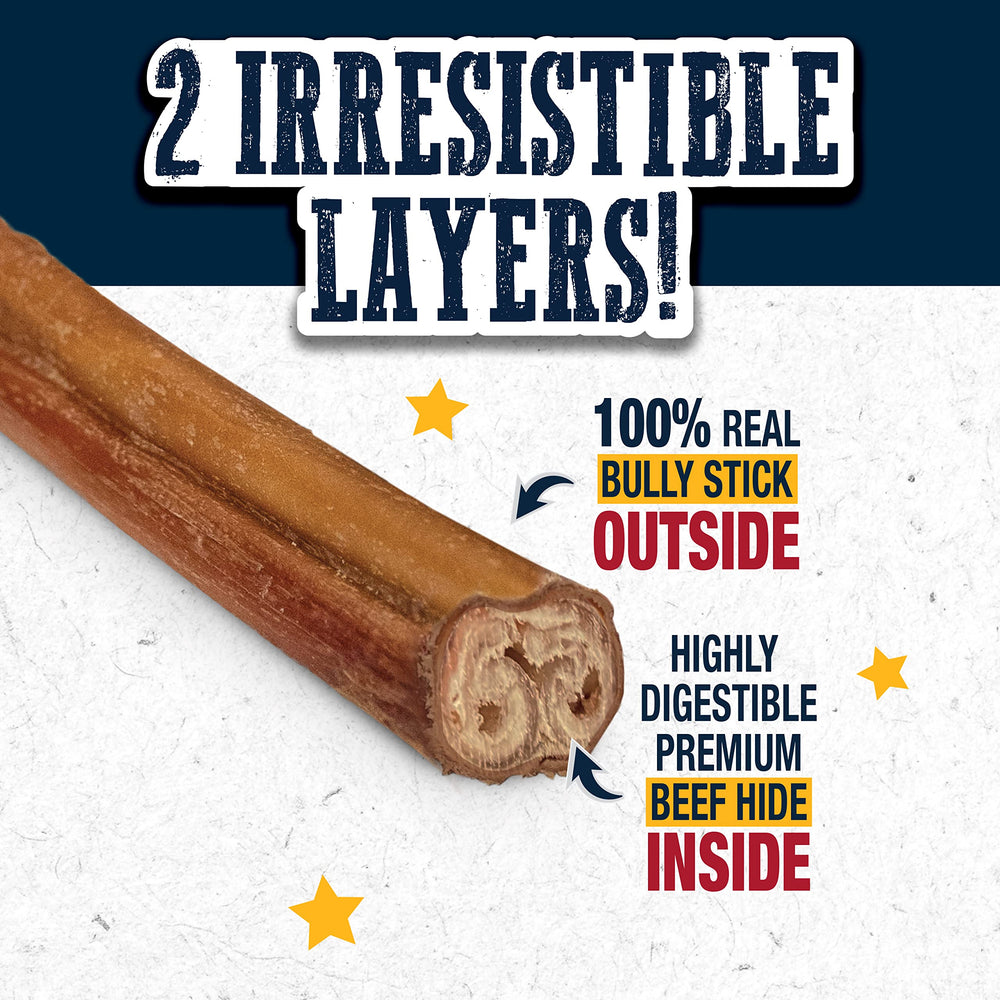 Cadet Bully Hide Sticks premium beef hide visible inside—high-protein chewing option.