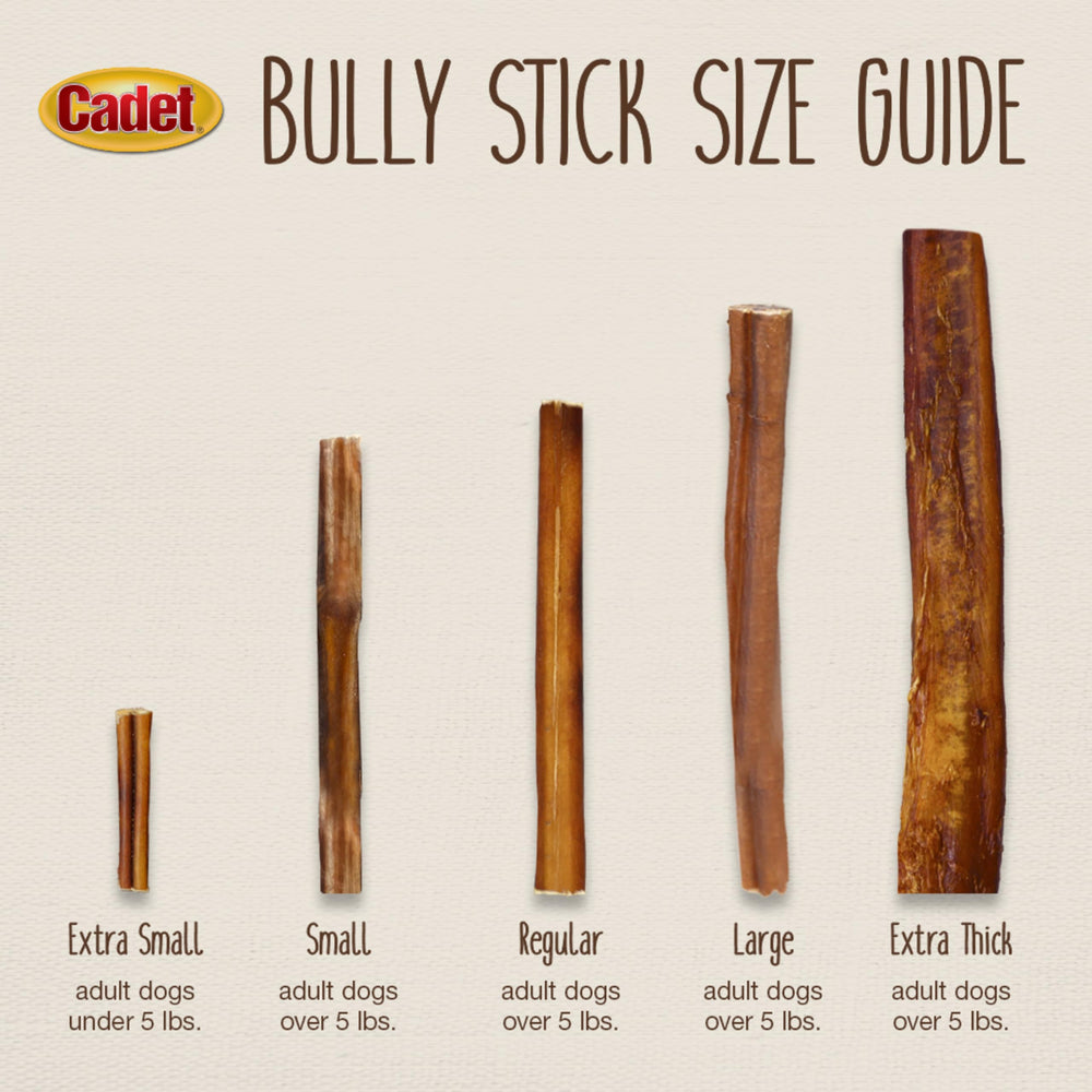 Cadet Bully Sticks high-protein-low-fat label image underscores a wholesome treat
