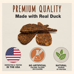 Cadet Duck Jerky training reward highlights high protein for support during recall and tricks.