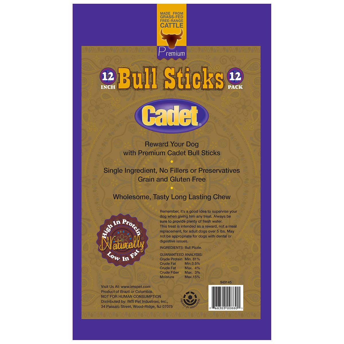 Cadet Gourmet Bull Sticks close-up texture, real meat quality for chew satisfaction and routine use.