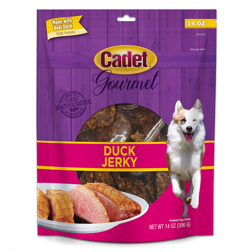 Cadet Gourmet Duck Jerky closeup showcases real duck as a savory canine reward.