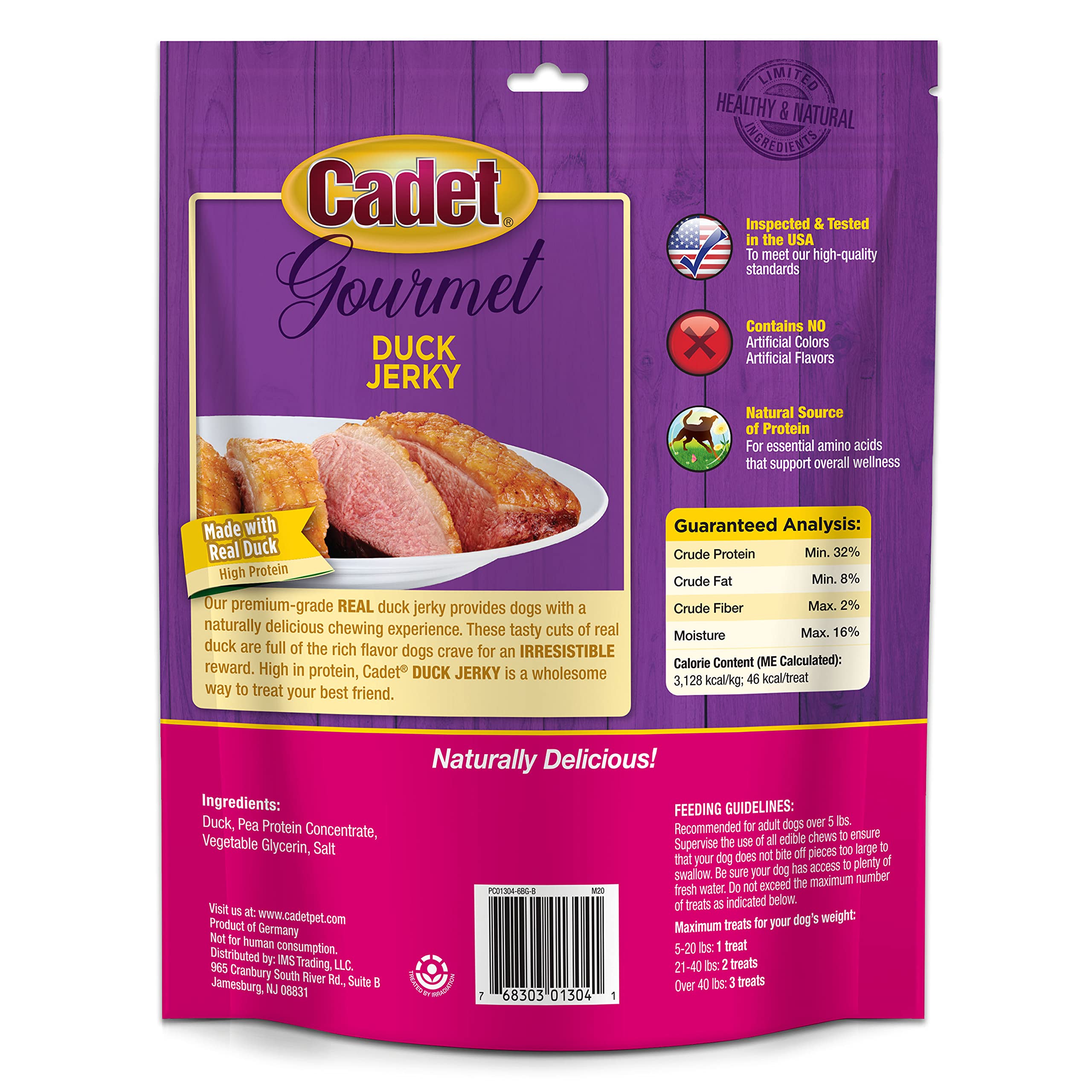 Cadet Gourmet Duck Jerky serving-size visual communicates 14-ounce bag ready for sharing.