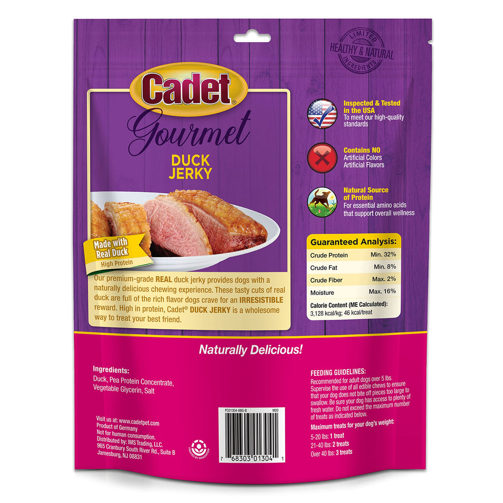 Cadet Gourmet Duck Jerky serving-size visual communicates 14-ounce bag ready for sharing.