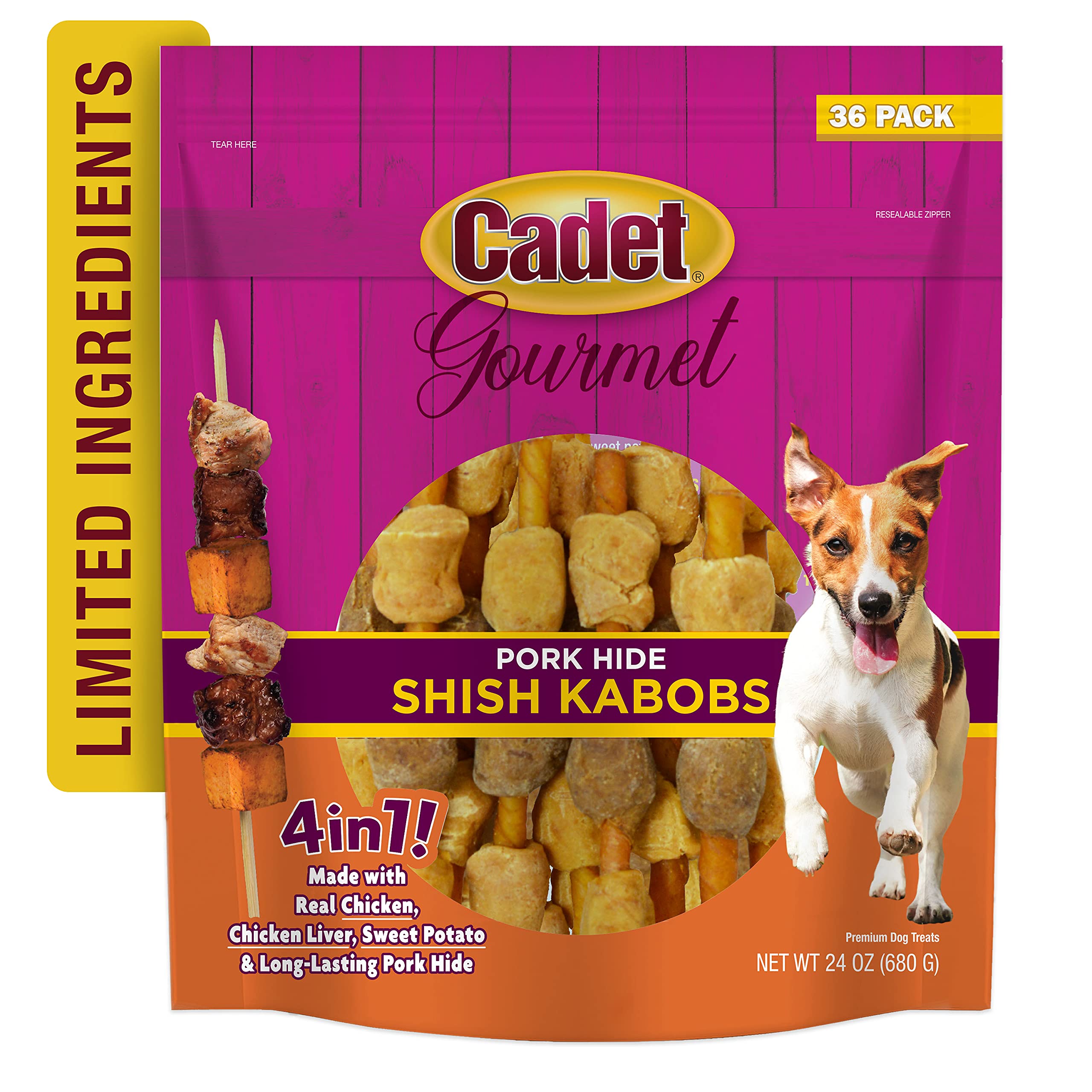 Cadet Gourmet Shish Kabob 36-count bag shown, reliable supply for daily treats.