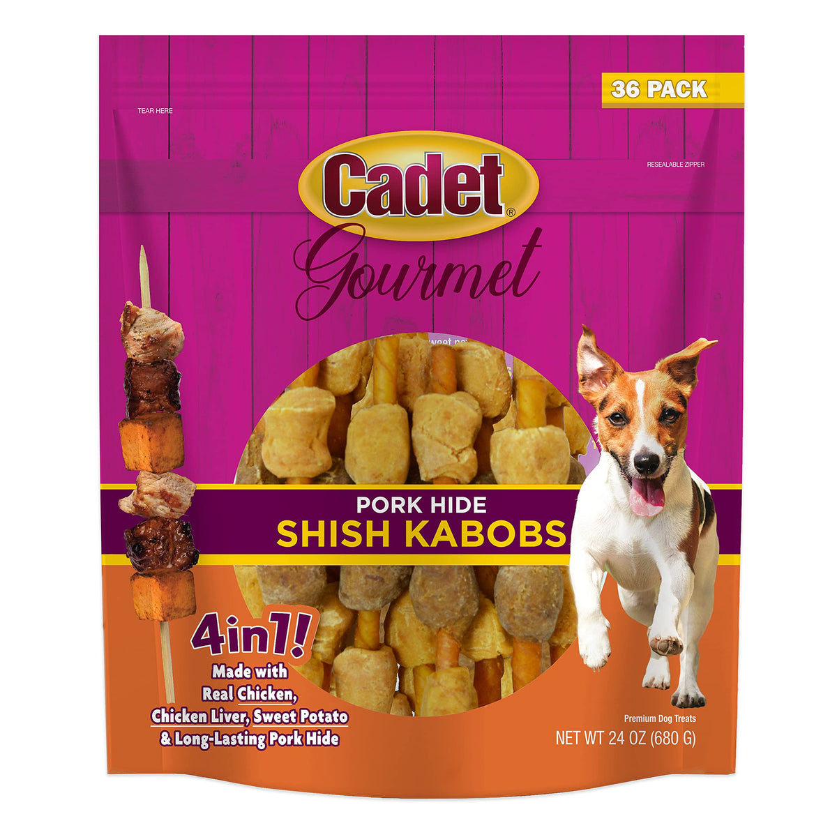 Cadet Gourmet Shish Kabob 5-inch treats shown in a bag, ideal for small-dog rewards.